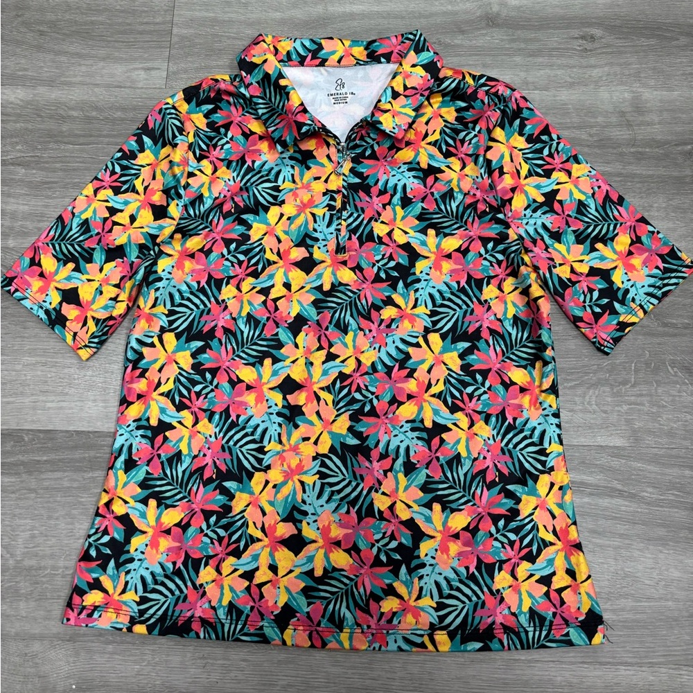 Emerald Floral Polo Shirt - Pink, Yellow, Green Size Medium